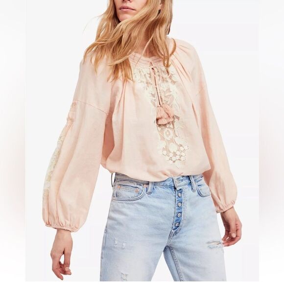 Free People Shimla Peach Ivory boho peasant lace Embroidered Split Neck Top XS - Picture 2 of 16